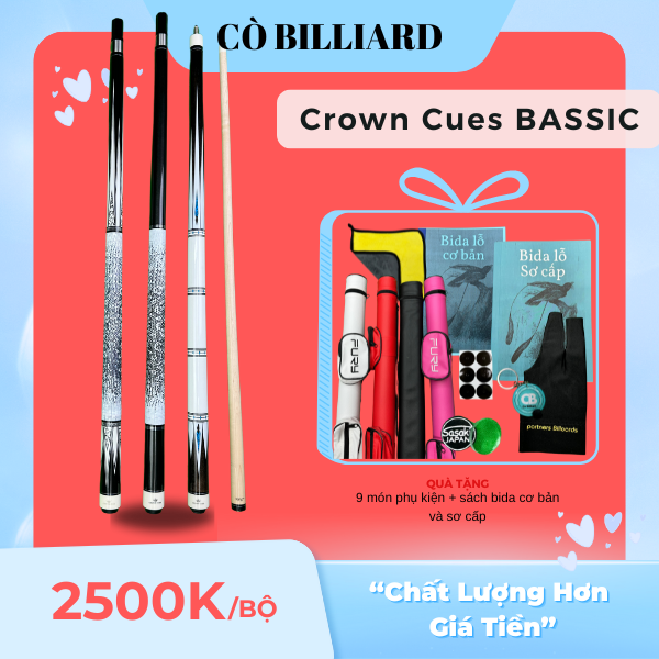 Cơ bida lỗ Crown Cues Bassic 01,02,03( tặng kèm 9 món pk và sách bida cơ bản + SƠ CẤP ) ( độc quyền tại CÒ BILLIARD )