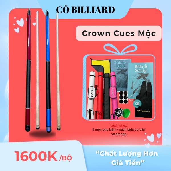 Cơ bida lỗ Crown cues Mộc ( tặng kèm 9 món phụ kiện và sách bida cơ bản ) ( độc quyền tại CÒ BILLIARD )
