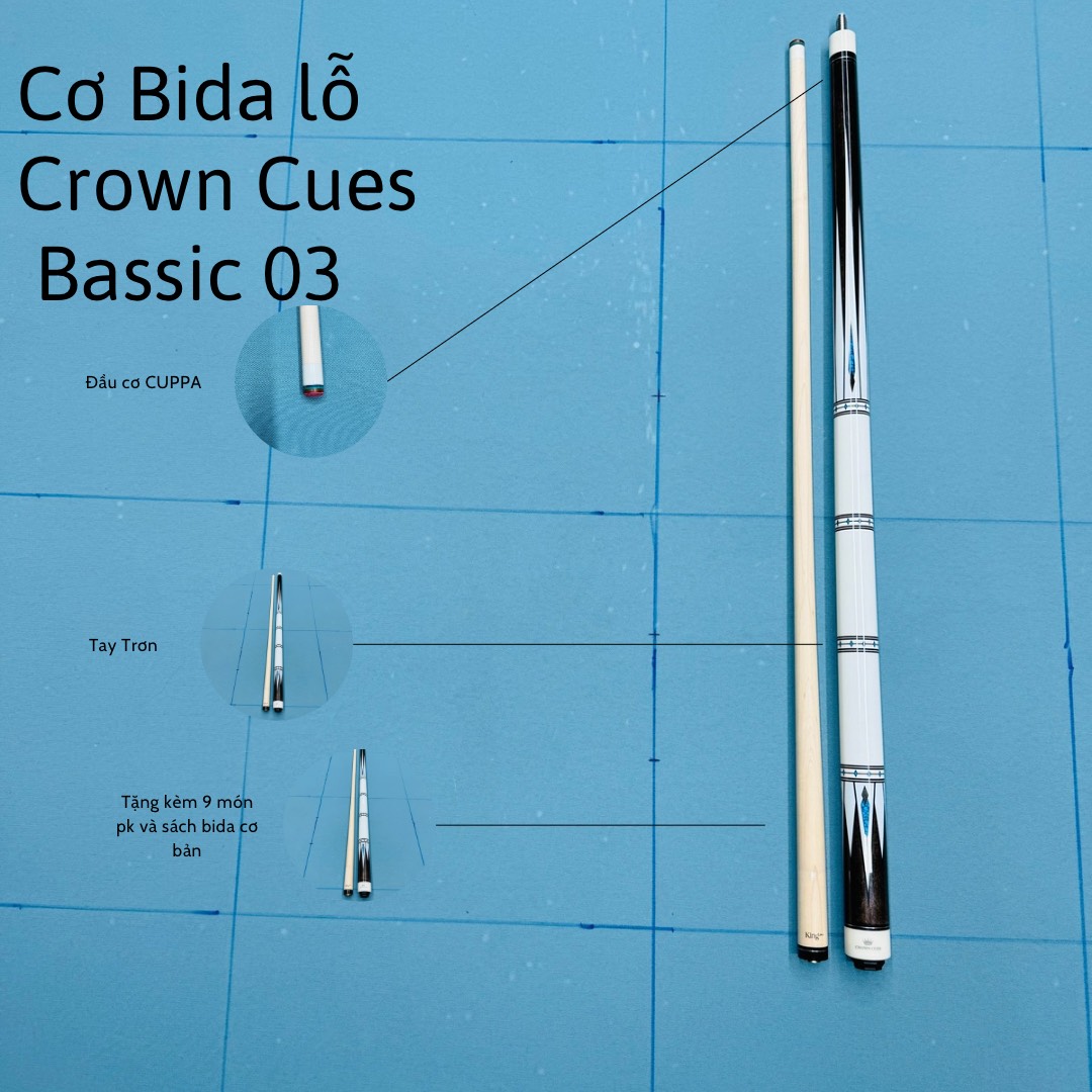 Cơ bida lỗ Crown Cues bassic 03 ( tặng kèm 9 món phụ kiện và sách bida cơ bản ) ( độc quyền tại CÒ BILLIARD )