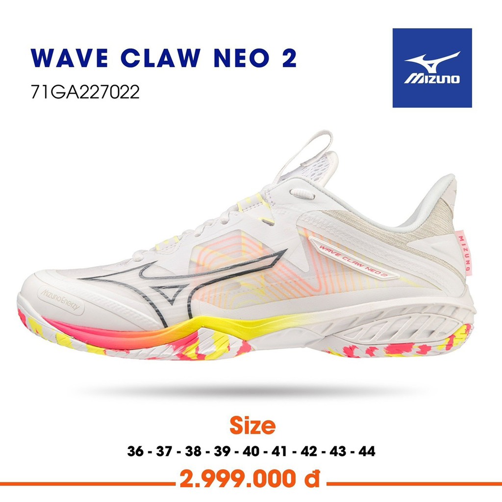 Giày cầu lông Mizuno Wave Claw Neo 2- Trắng Vàng Hồng