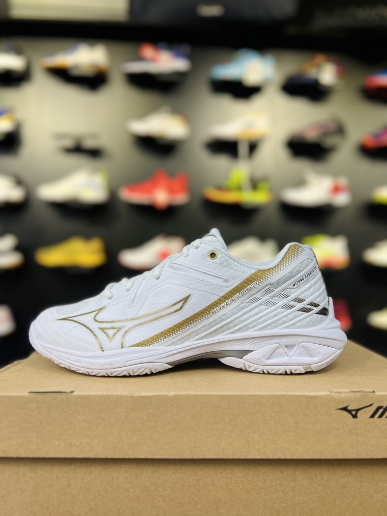 Giày Cầu Lông Mizuno Wave Claw 3- Trắng Vàng Bạc