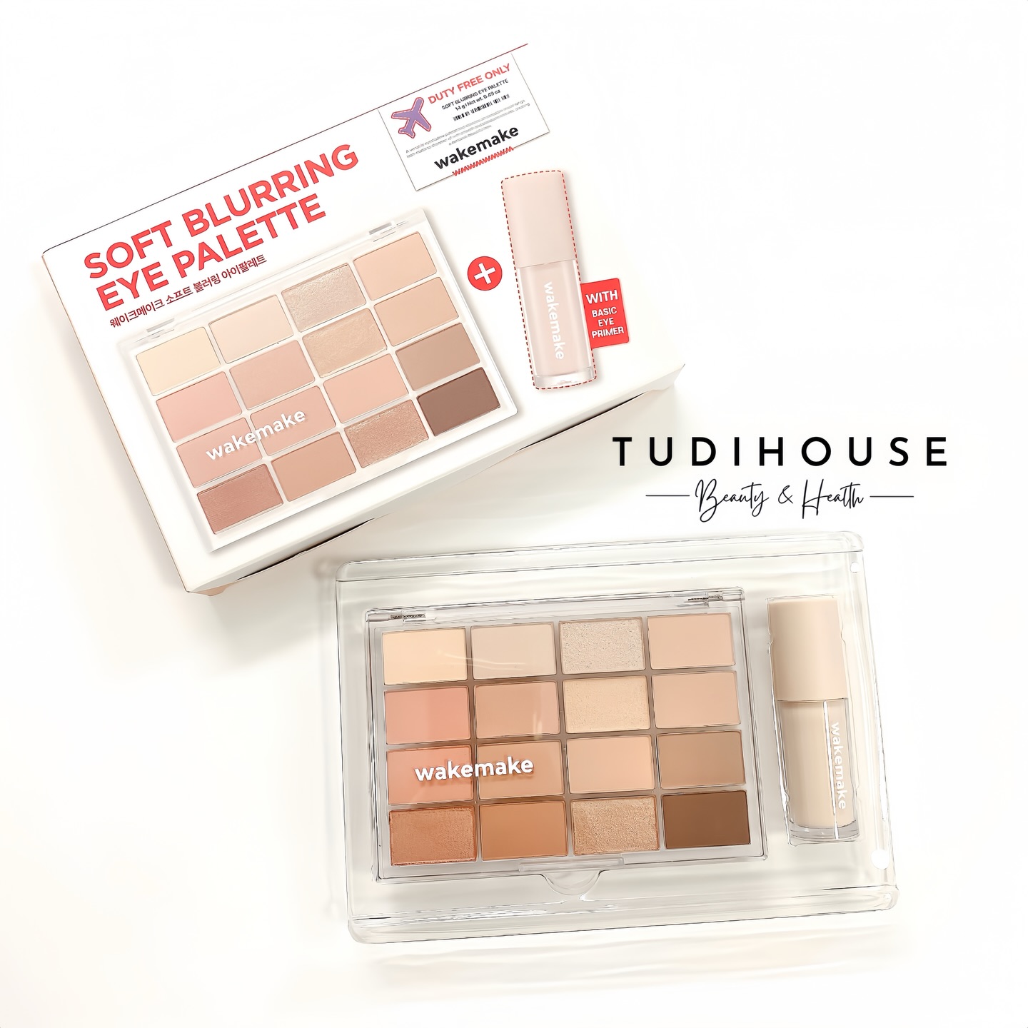 Set phấn mắt Wakemake Soft Blurring Eye Palette - 03 Sunset Blurring + kem lót mắt