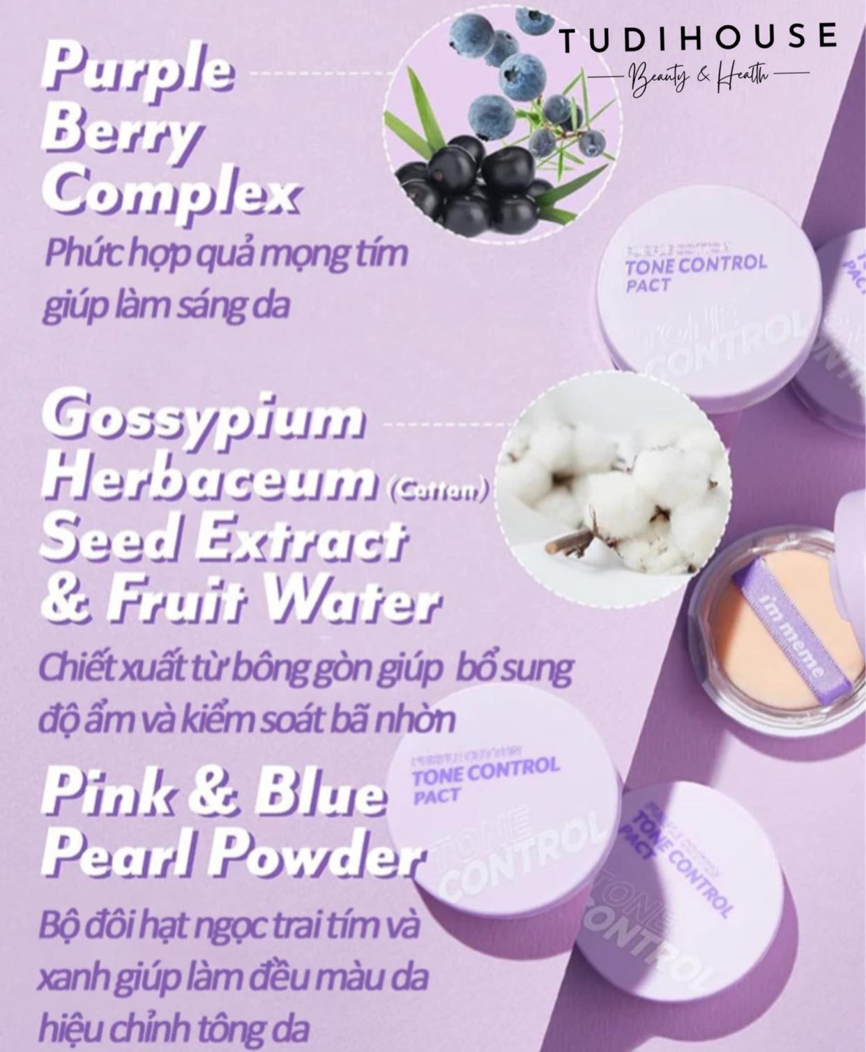 Phấn Phủ  nén I'm Meme Purple Cotton Tone Control Pact 9.5g