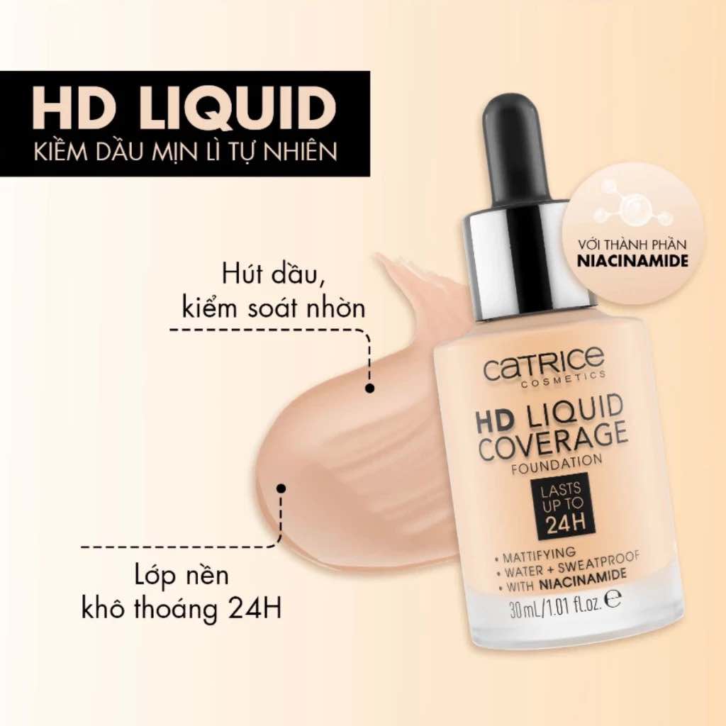 [ tặng cọ nền ] Kem Nền Catrice HD Liquid Coverage Foundation 30ml