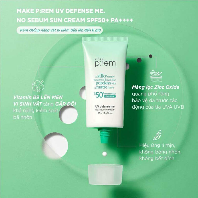 Kem Chống Nắng Make P:rem UV Defense Me No Sebum Sun Cream SPF50+ PA++++ 50ml (XANH LÁ)