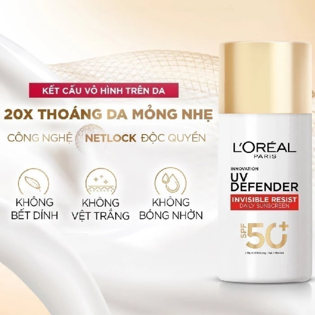 Kem Chống Nắng Thoáng Da Mỏng Nhẹ Loreal Paris UV Defender Invisible Resist Daily Sunscreen SPF50+ PA++++