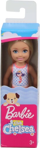 Mattel - Barbie Club Chelsea Beach Doll with Pink and Blue Mermaid Design Swim Suit, Blonde (Doll)
