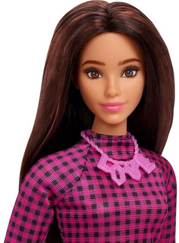Mattel - Barbie Fashionista Doll, Pink and Black Checkered Dress, Pink Books, Pink "Love" Necklace and Long Brown Hair (Large Item, Doll)