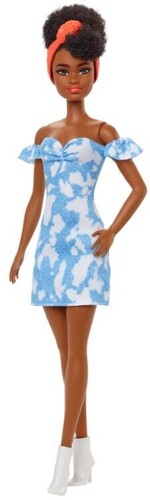 Mattel - Barbie Fashionista Doll, Off Shoulder Bleached Denim Dress, White Booties, Orange Hair Bandana, Curly Brown Hair (Large Item, Doll)