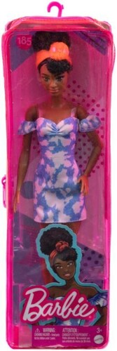 Mattel - Barbie Fashionista Doll, Off Shoulder Bleached Denim Dress, White Booties, Orange Hair Bandana, Curly Brown Hair (Large Item, Doll)