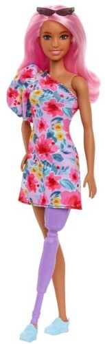 Mattel - Barbie Fashionista Doll, One Shoulder Floral Dress, Cat-Eye Sun Glasses, Blue Sneakers, Long Pink Wavey Hair and Purple Prosthetic Leg (Large Item, Doll)