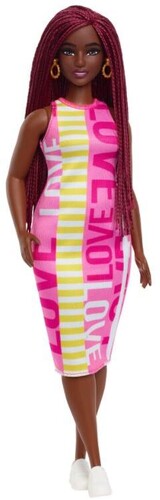 Mattel - Barbie Fashionista Doll, Color Block "Love" Dress, Earrings, White Sneakers and long Braided Hair (Large Item, Doll)