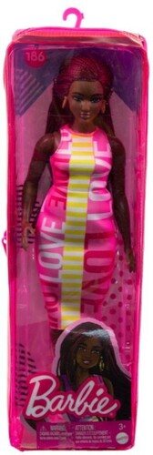 Mattel - Barbie Fashionista Doll, Color Block "Love" Dress, Earrings, White Sneakers and long Braided Hair (Large Item, Doll)