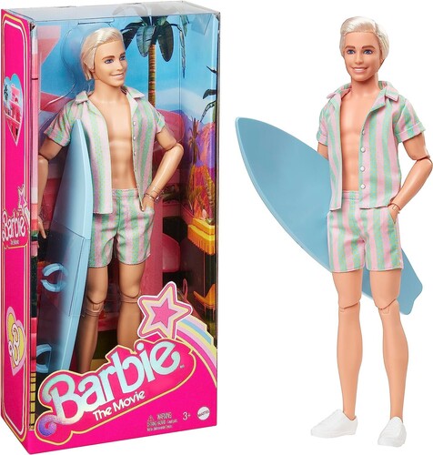 Mattel - Barbie The Movie Ken Doll Wearing Pastel Striped Beach Matching Set with Surfboard (Large Item, Doll)