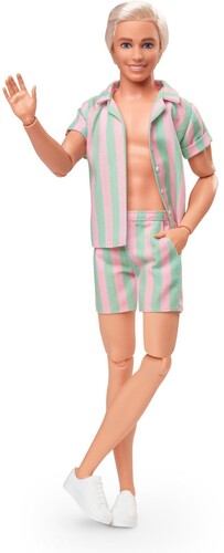 Mattel - Barbie The Movie Ken Doll Wearing Pastel Striped Beach Matching Set with Surfboard (Large Item, Doll)