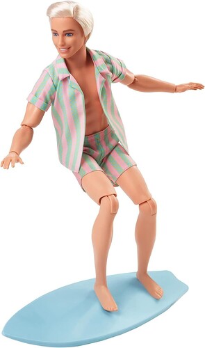 Mattel - Barbie The Movie Ken Doll Wearing Pastel Striped Beach Matching Set with Surfboard (Large Item, Doll)