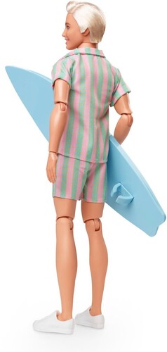 Mattel - Barbie The Movie Ken Doll Wearing Pastel Striped Beach Matching Set with Surfboard (Large Item, Doll)