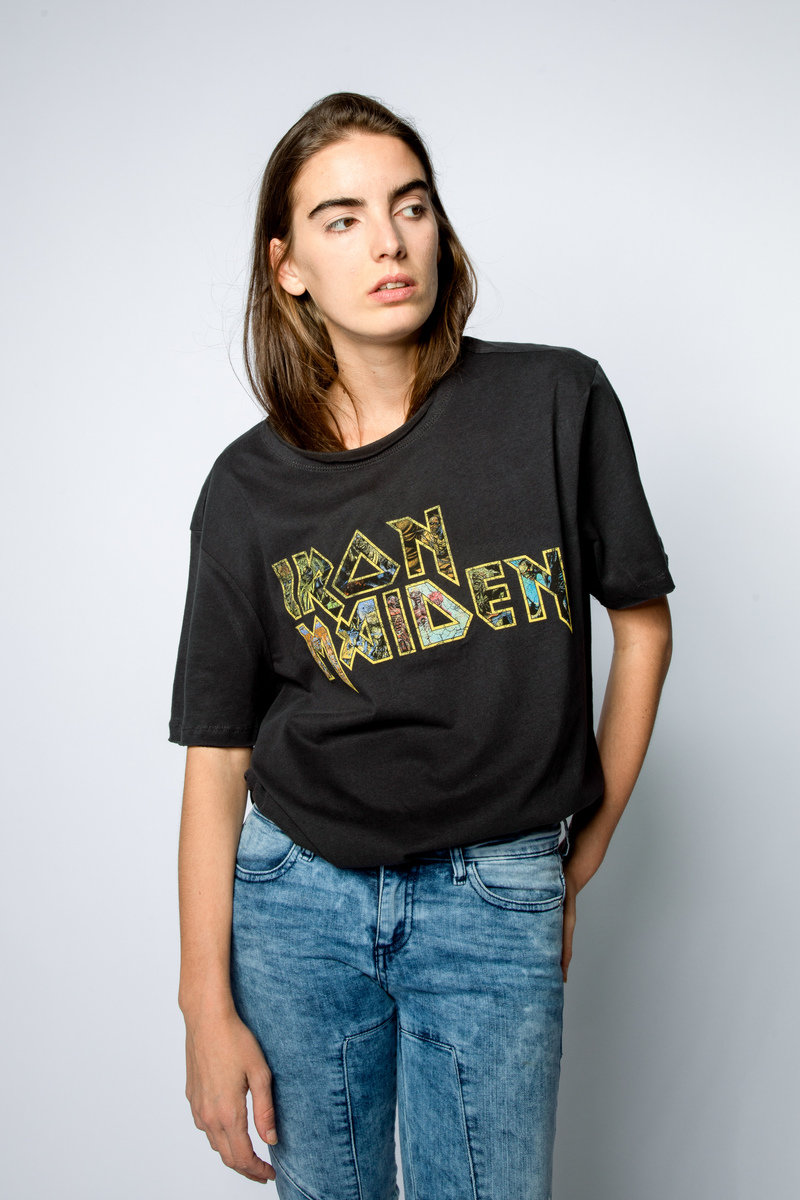 IRON MAIDEN EDDIES LOGO AMPLIFIED VINTAGE CHARCOAL LARGE T SHIRT
