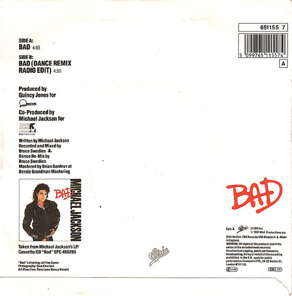 Michael Jackson ‎– Bad (Single - 45RPM)