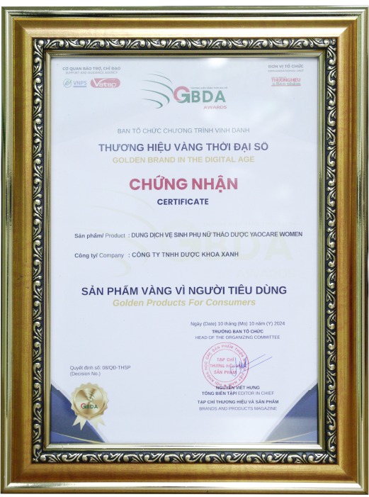 DUNG DỊCH VỆ SINH PHỤ NỮ THẢO DƯỢC YAOCARE WOMEN  VINH DỰ ĐẠT GIẢI SẢN PHẨM VÀNG VÌ NGƯỜI TIÊU DÙNG