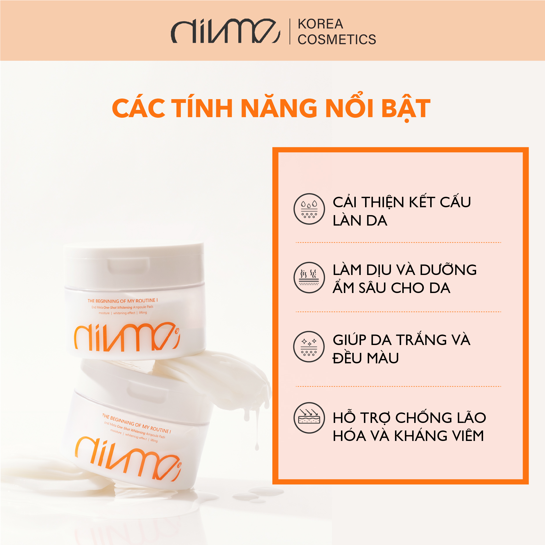 Ampould pad Tinh chất dưỡng ẩm làm trắng sáng da Divme 70pads/180ml (Màu cam)