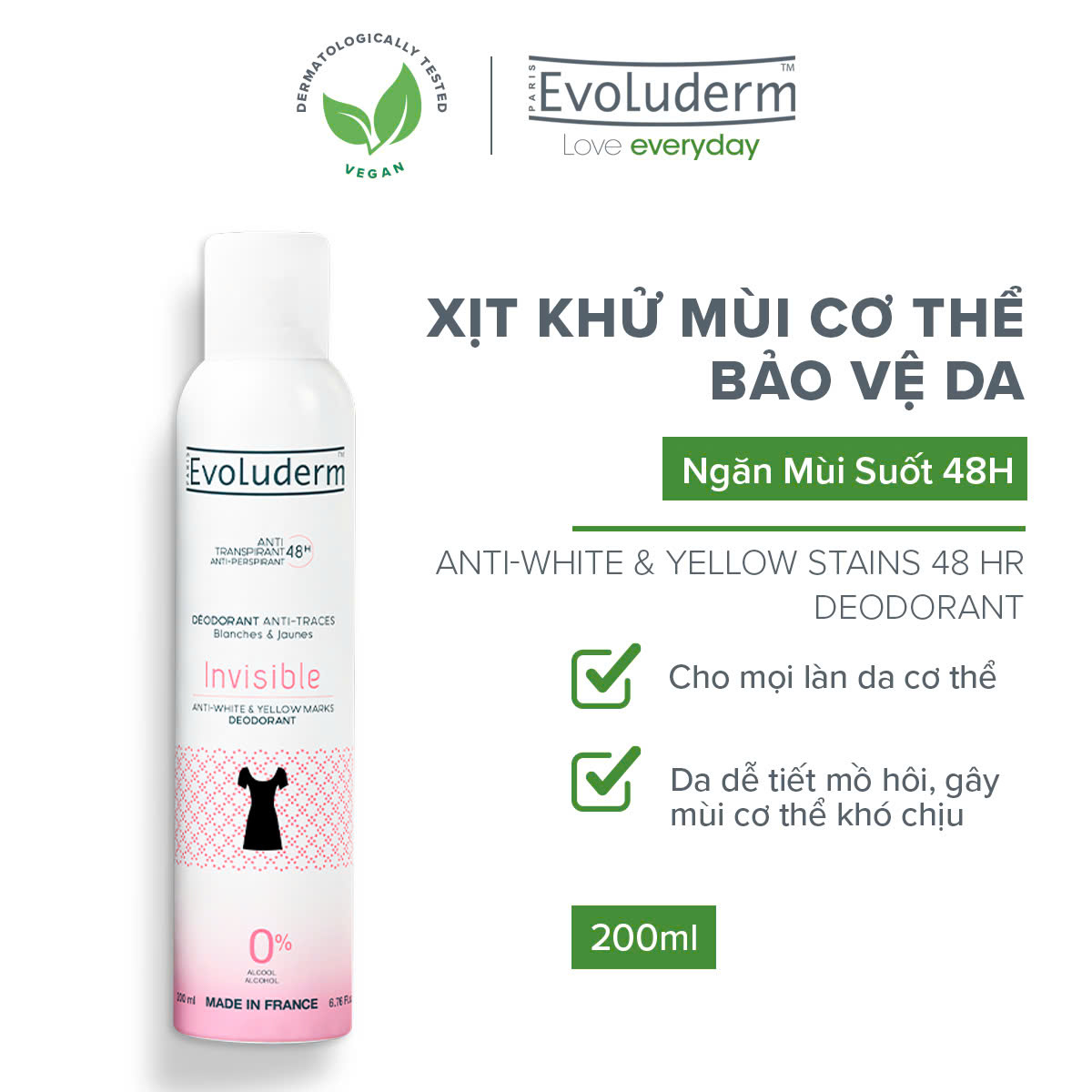 Xịt khử mùi cơ thể 48h giảm ố Anti Traces Evoluderm 200ml