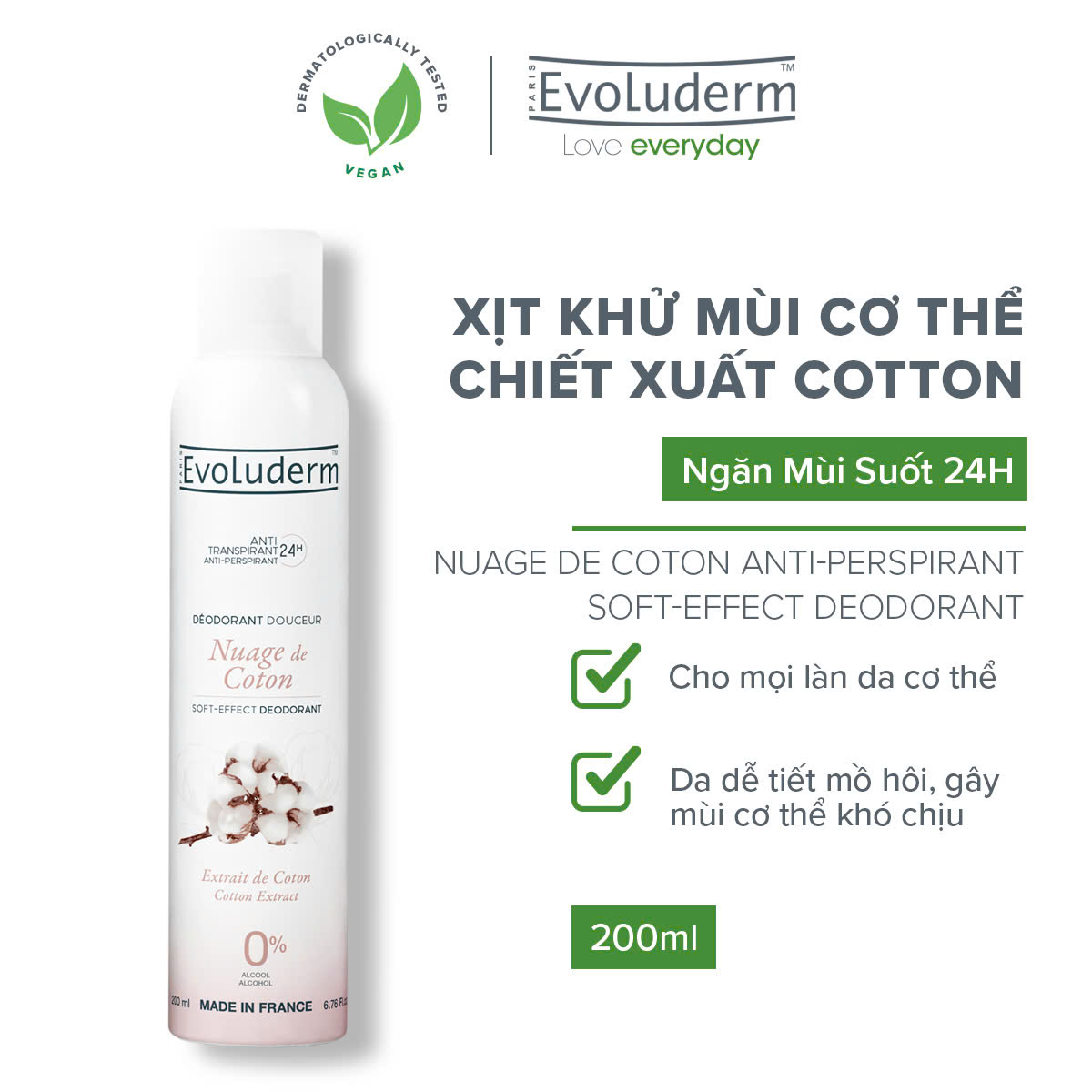 Xịt khử mùi cơ thể 24h Coton Evoluderm 200ml