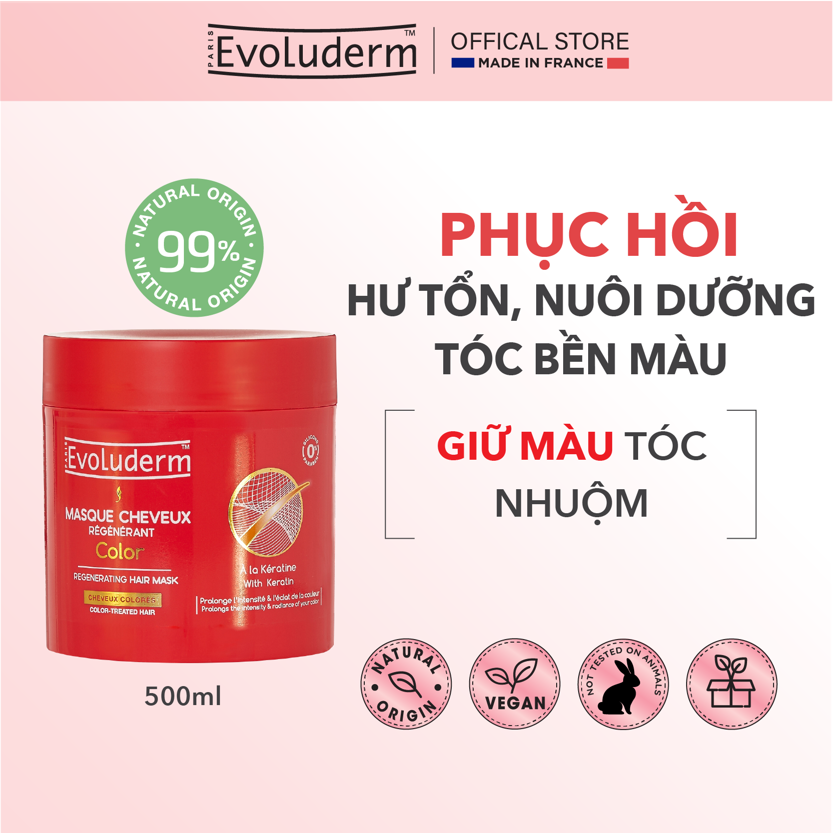 Kem ủ thiên nhiên không Silicon Evoluderm bổ sung Keratin dành cho tóc uốn nhuộm 500ml