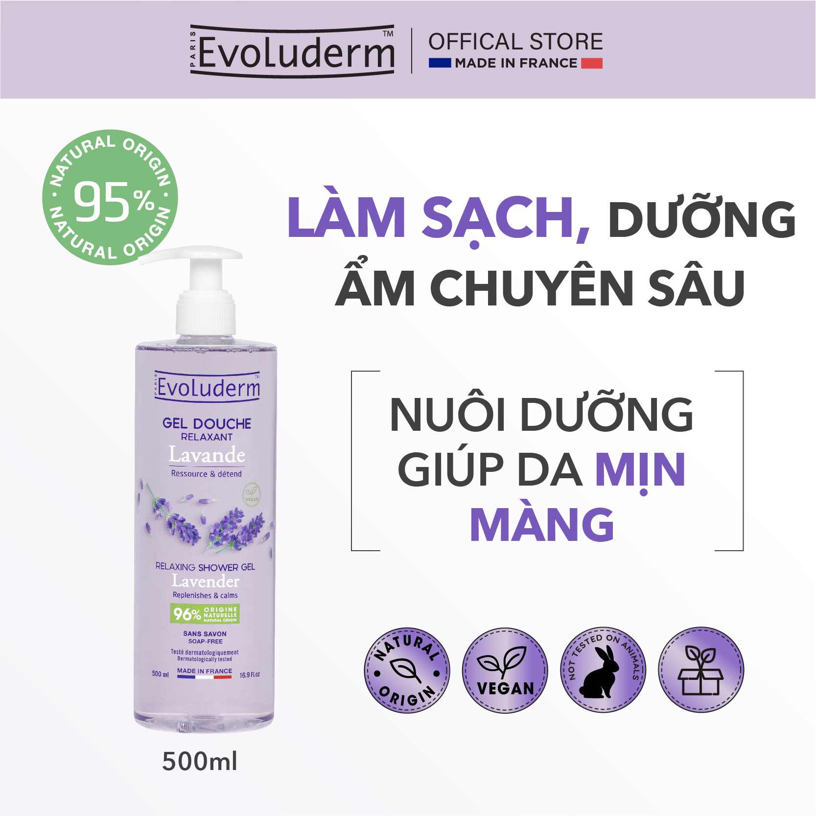 Gel tắm thiên nhiên thuần chay Evoluderm tinh chất Lavender 500ml