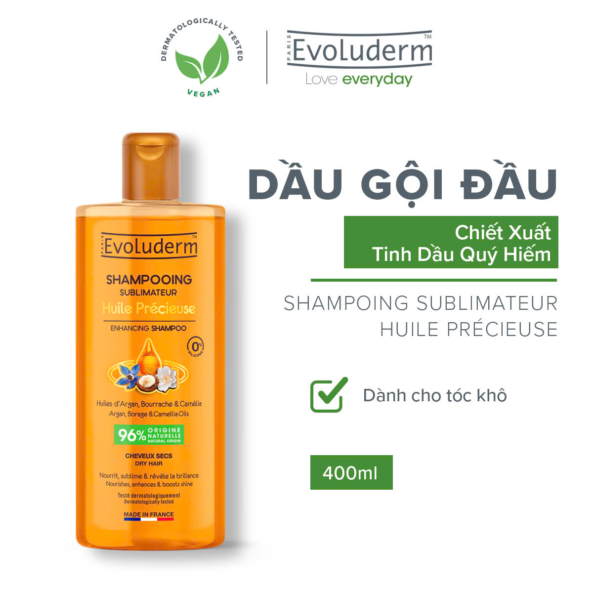 Dầu gội thiên nhiên không Silicon Evoluderm chiết xuất tinh dầu hoa trà, lưu ly và Argan dành cho tóc khô 400ml