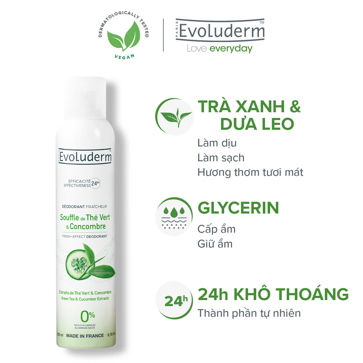 Xịt khử mùi cơ thể 24h Trà xanh-Dưa leo Evoluderm 200ml