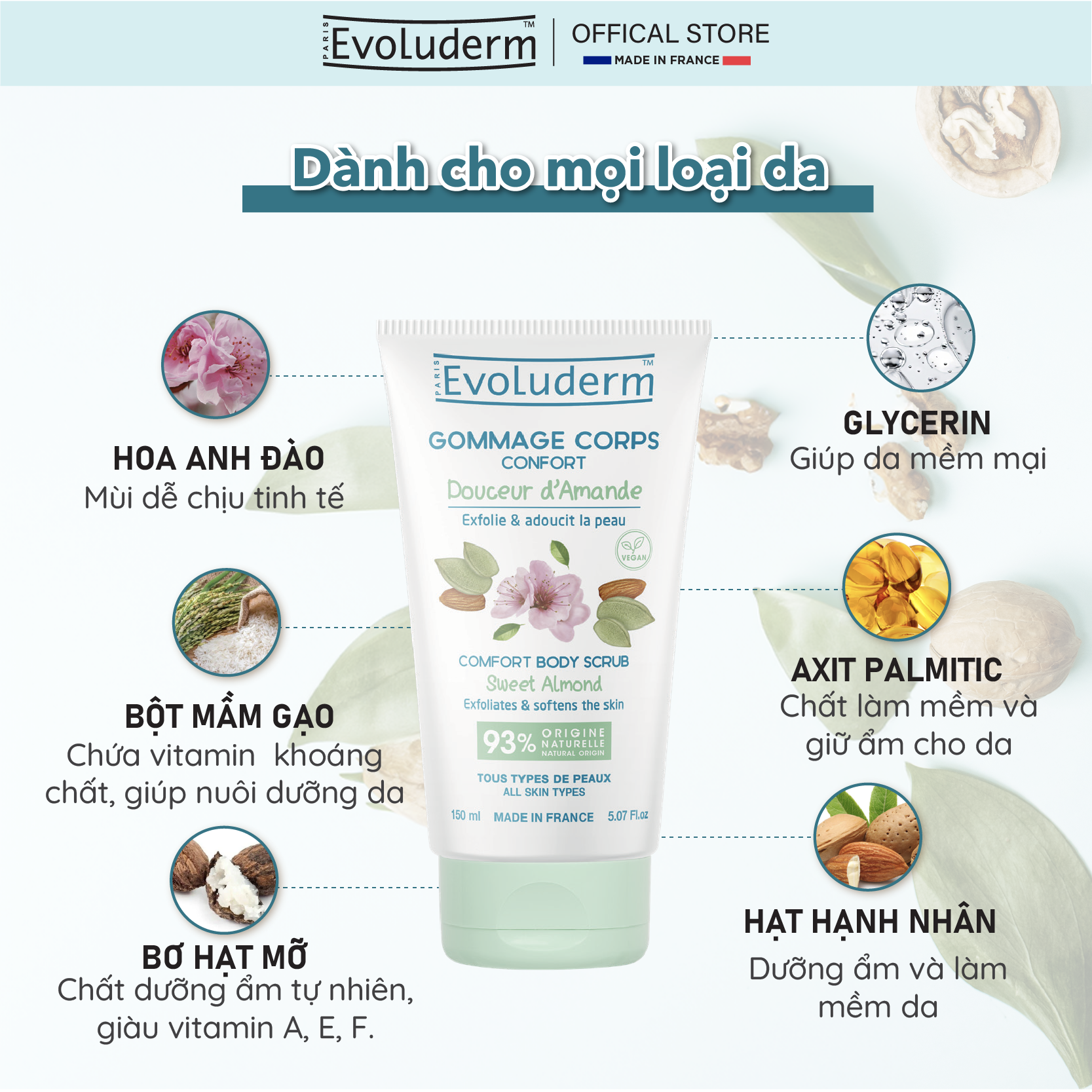 Tẩy tế bào chết toàn thân thiên nhiên thuần chay Evoluderm chiết xuất hạnh nhân 150g