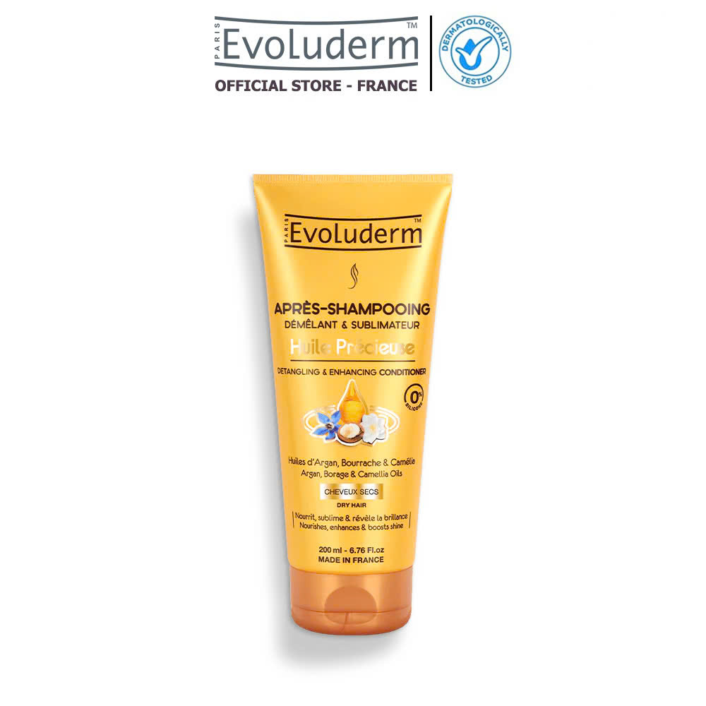 Dầu xả thiên nhiên không Silicon Evoluderm chiết xuất tinh dầu hoa trà, lưu ly và Argan dành cho tóc khô 200ml