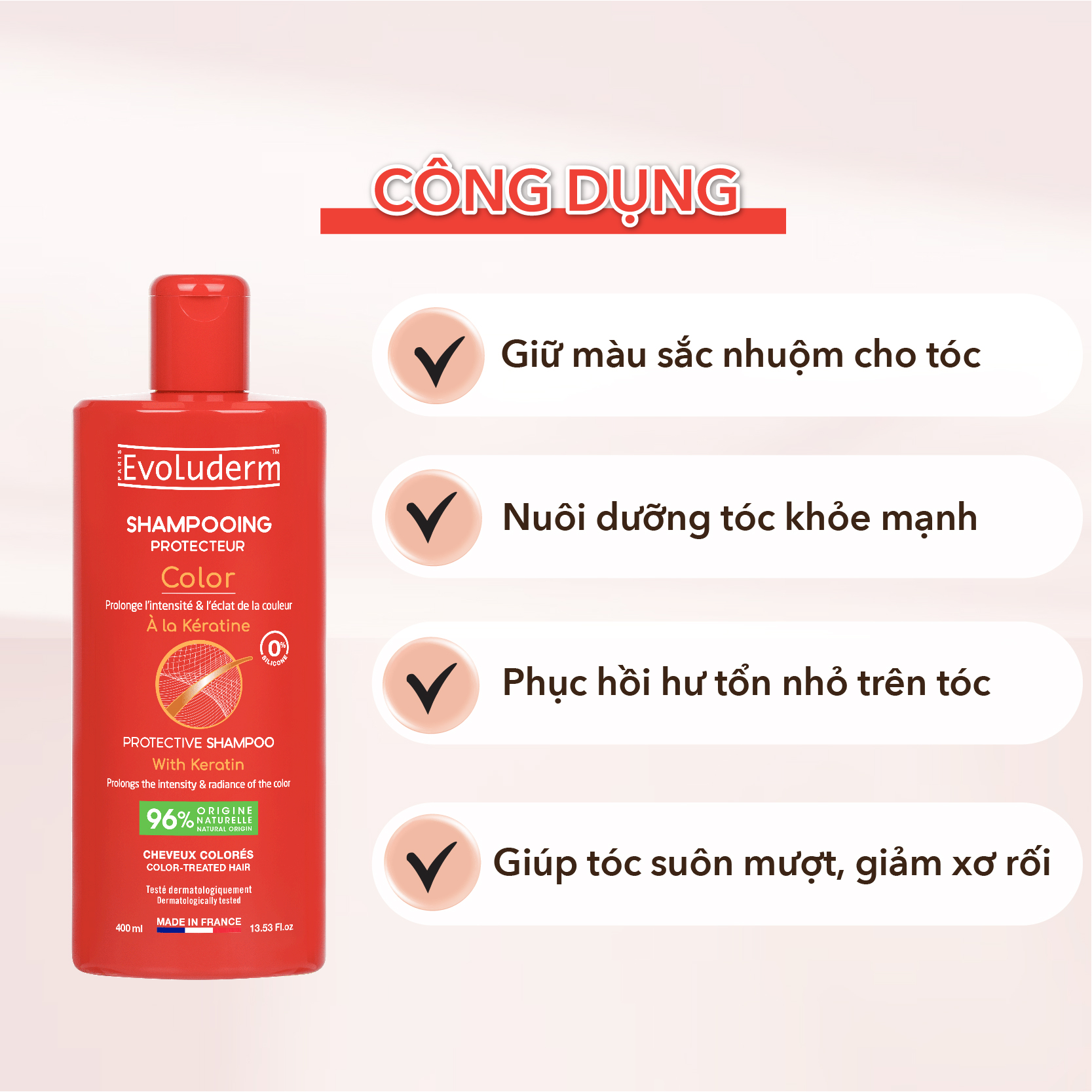 Dầu gội thiên nhiên không Silicon Evoluderm bổ sung Keratin dành cho tóc uốn nhuộm 400ml