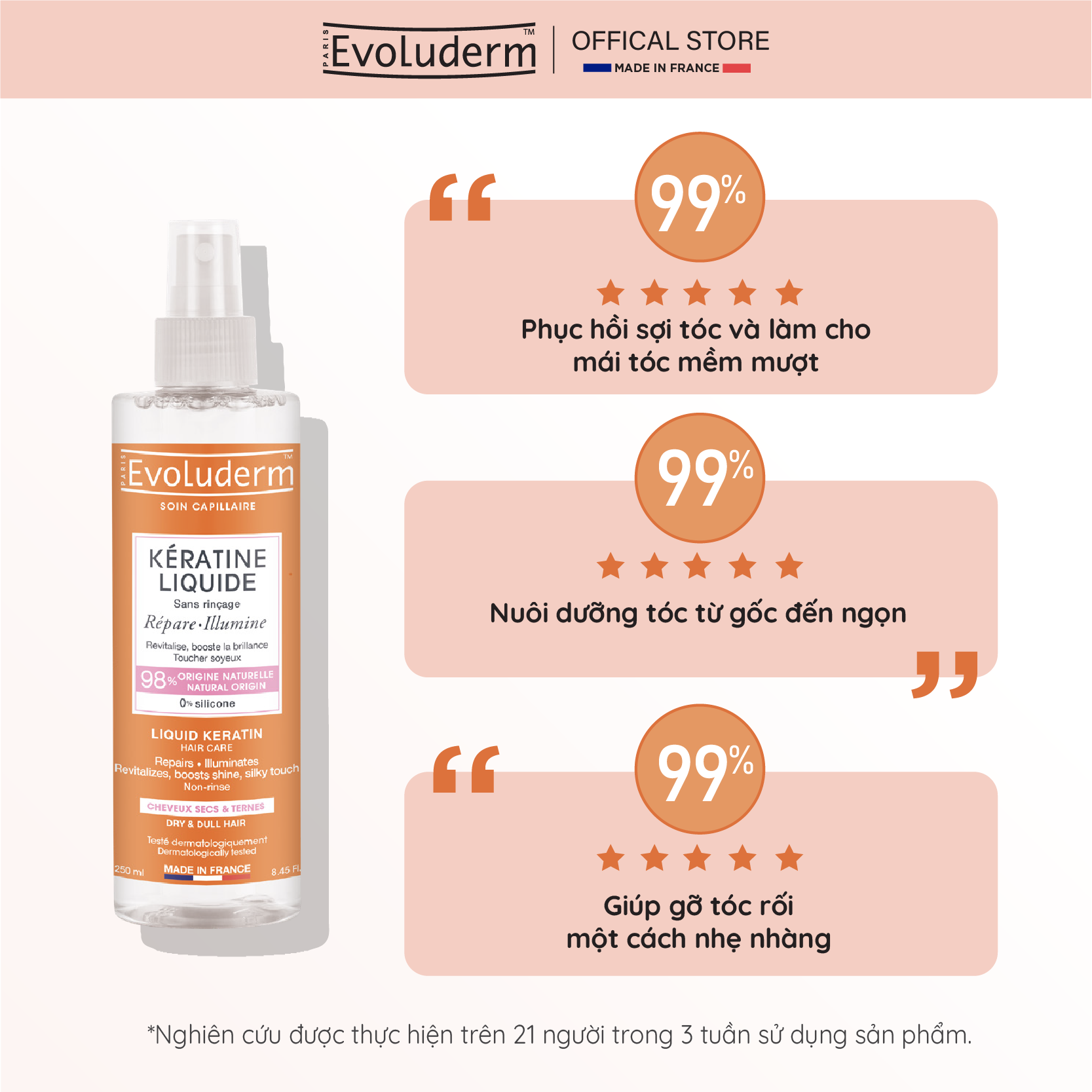 Xịt dưỡng tóc thiên nhiên không Silicon Evoluderm bổ sung Keratin 250ml