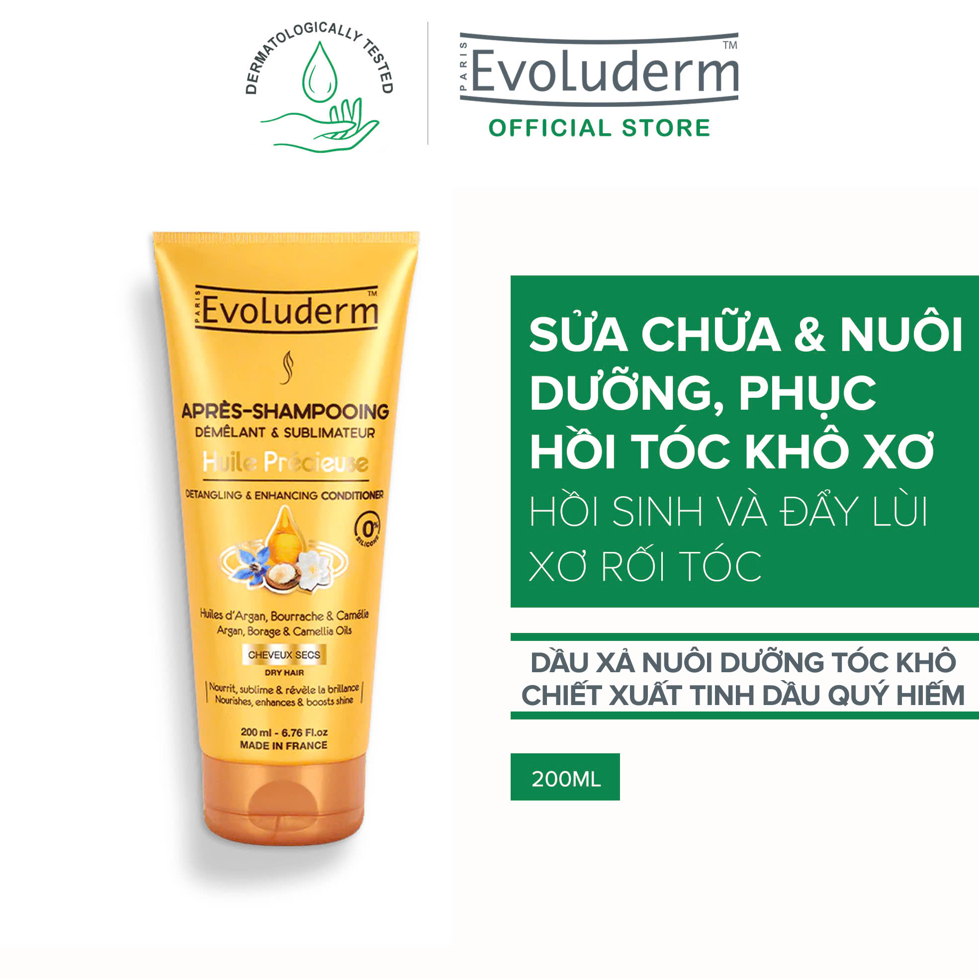 Dầu xả thiên nhiên không Silicon Evoluderm chiết xuất tinh dầu hoa trà, lưu ly và Argan dành cho tóc khô 200ml