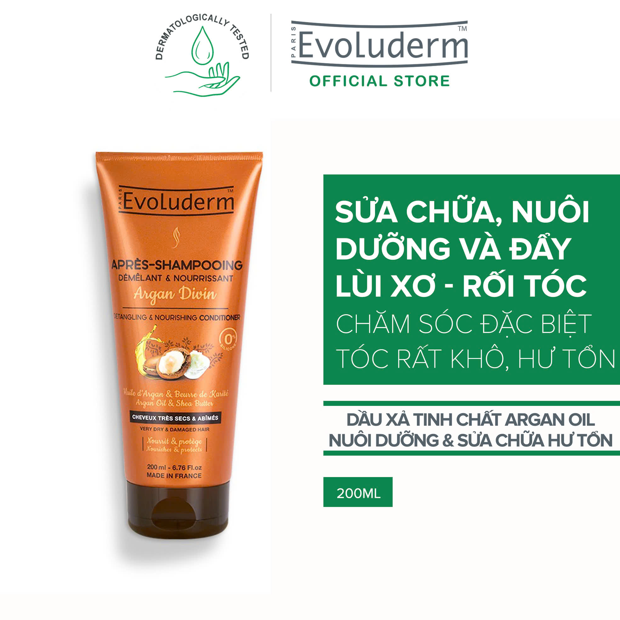 Dầu xả thiên nhiên không Silicon Evoluderm chiết xuất tinh dầu Argan dành cho tóc khô & hư tổn 200ml