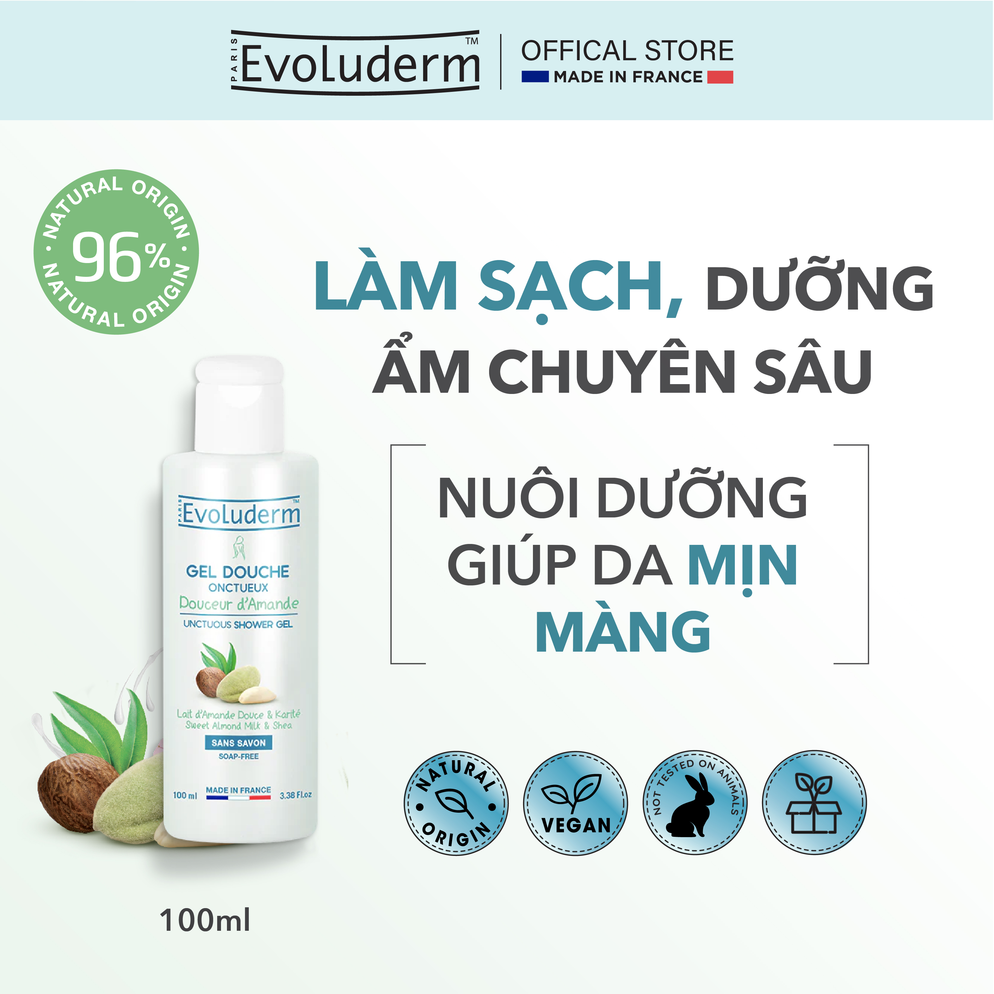Gel tắm thiên nhiên thuần chay Evoluderm tinh chất hạnh nhân 500ml