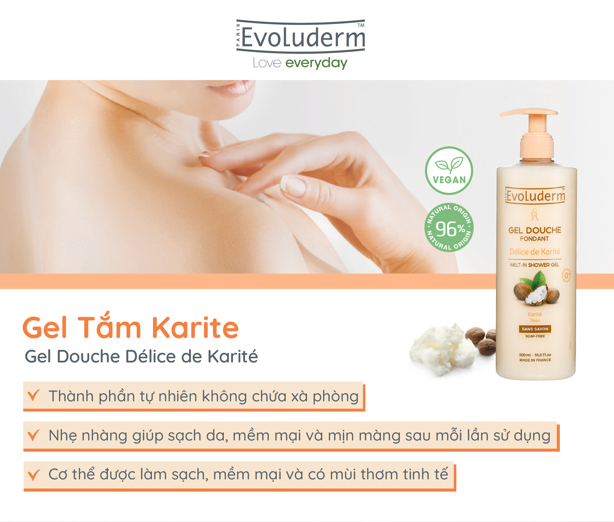 Sữa dưỡng thể thiên nhiên thuần chay Evoluderm tinh chất Bơ hạt mỡ 500ml