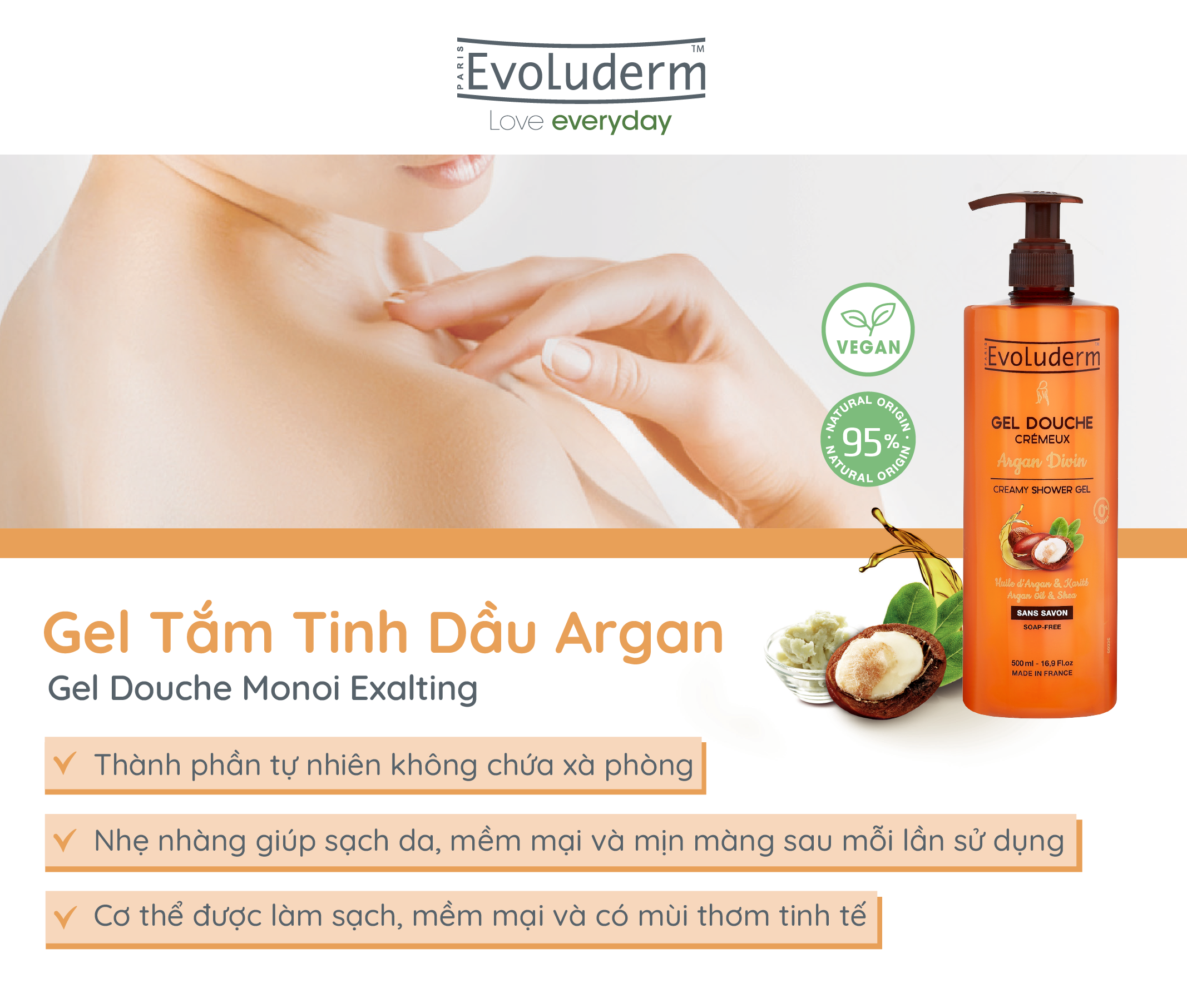 Gel tắm thiên nhiên thuần chay Evoluderm tinh chất Argan 500ml