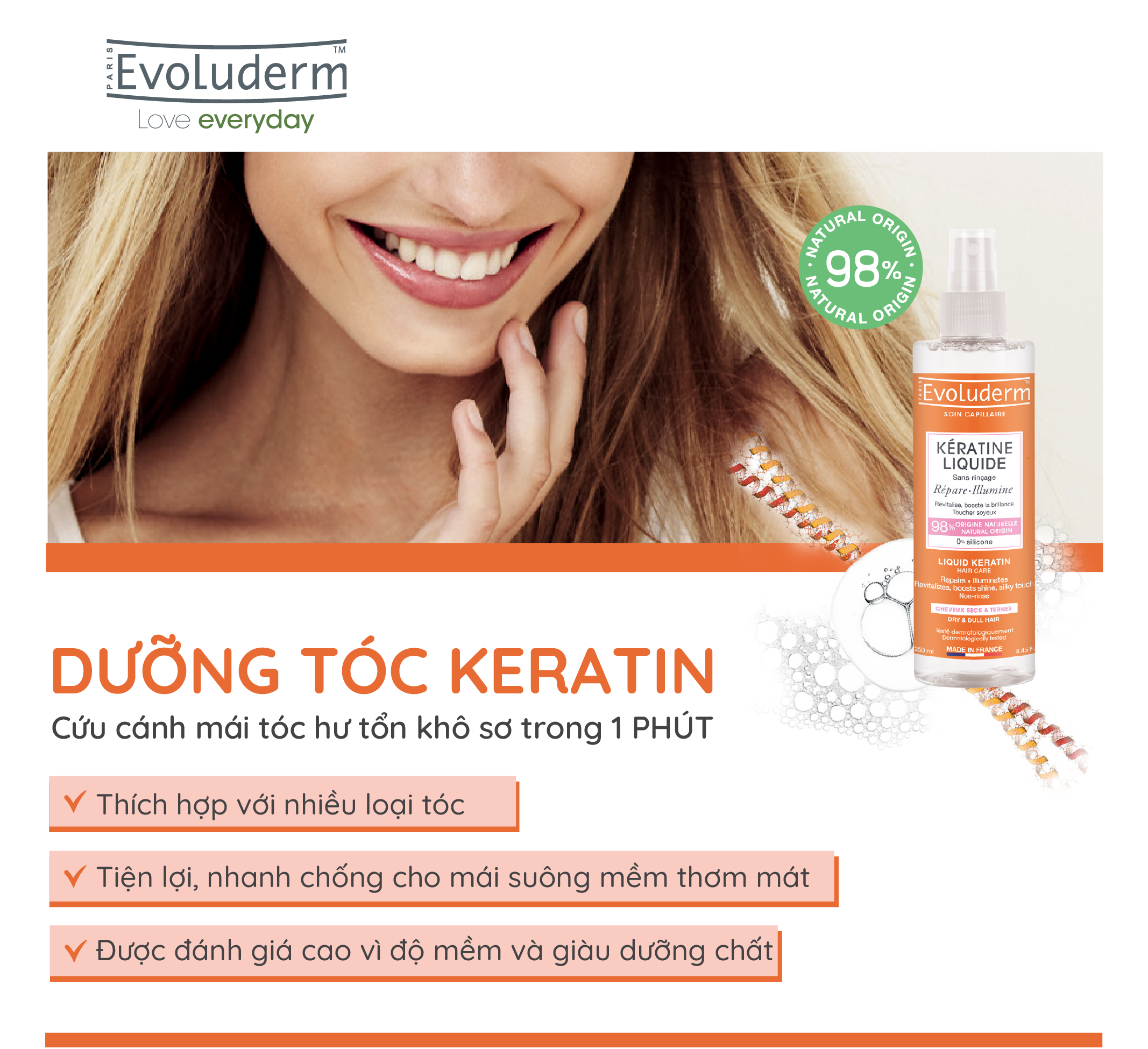 Xịt dưỡng tóc thiên nhiên không Silicon Evoluderm bổ sung Keratin 250ml