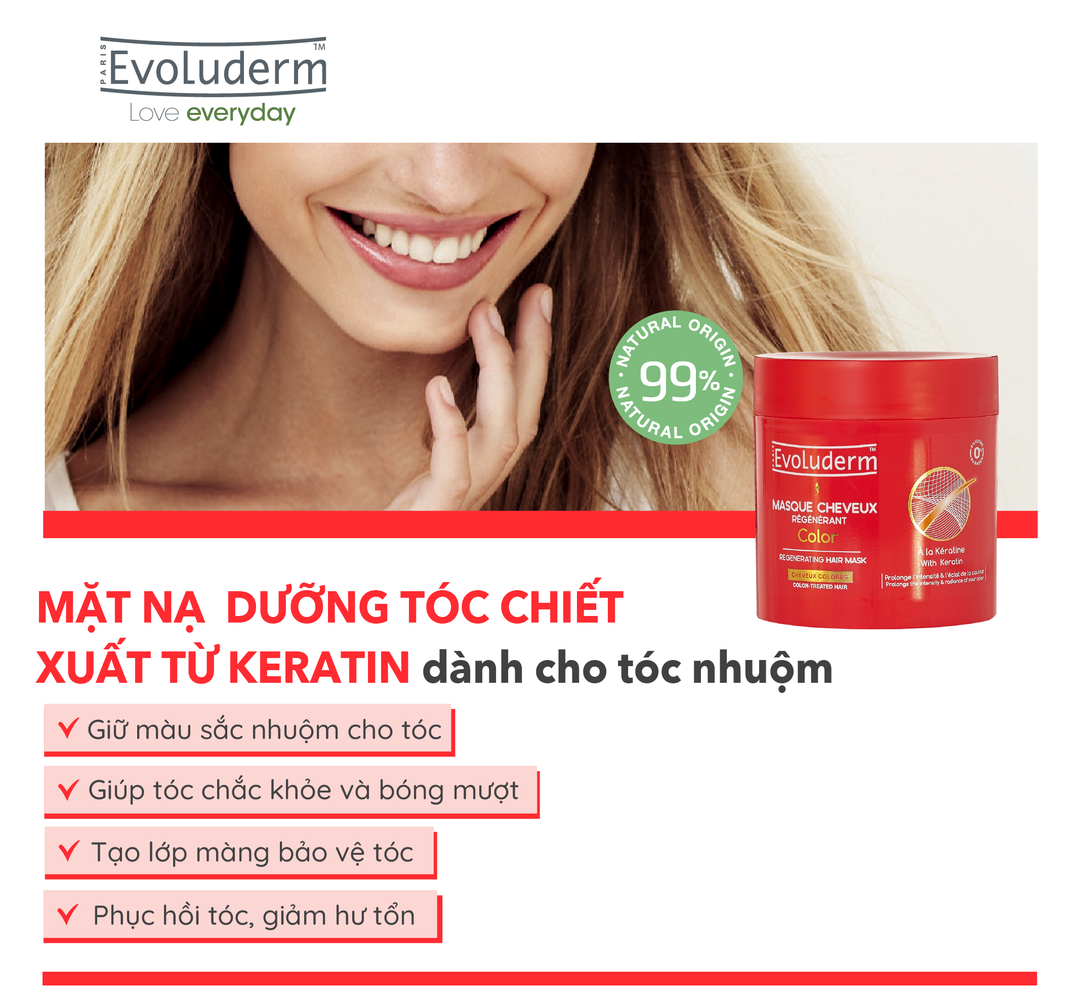 Kem ủ thiên nhiên không Silicon Evoluderm bổ sung Keratin dành cho tóc uốn nhuộm 500ml