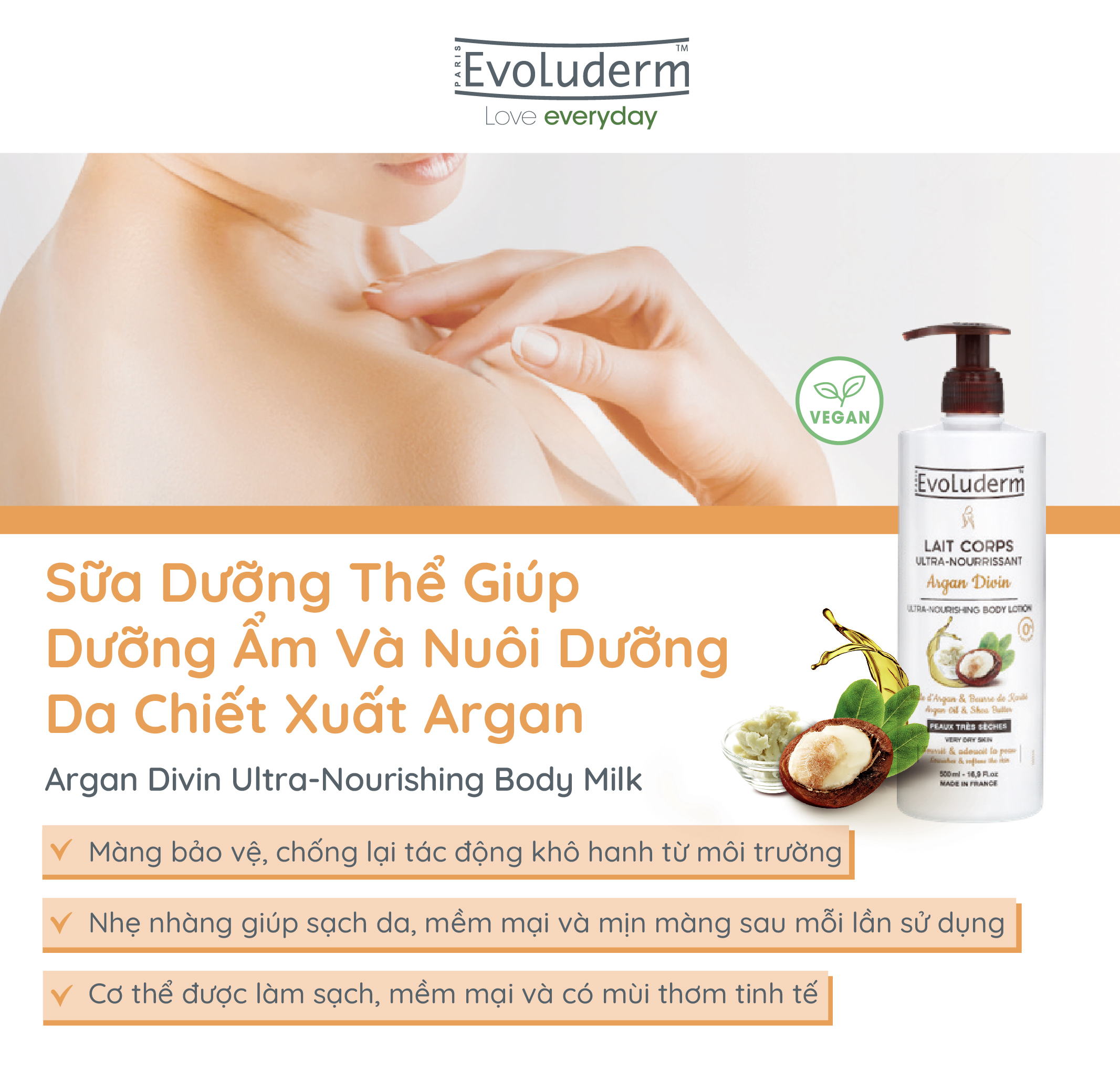 Sữa dưỡng thể thiên nhiên thuần chay Evoluderm tinh chất Argan 500ml