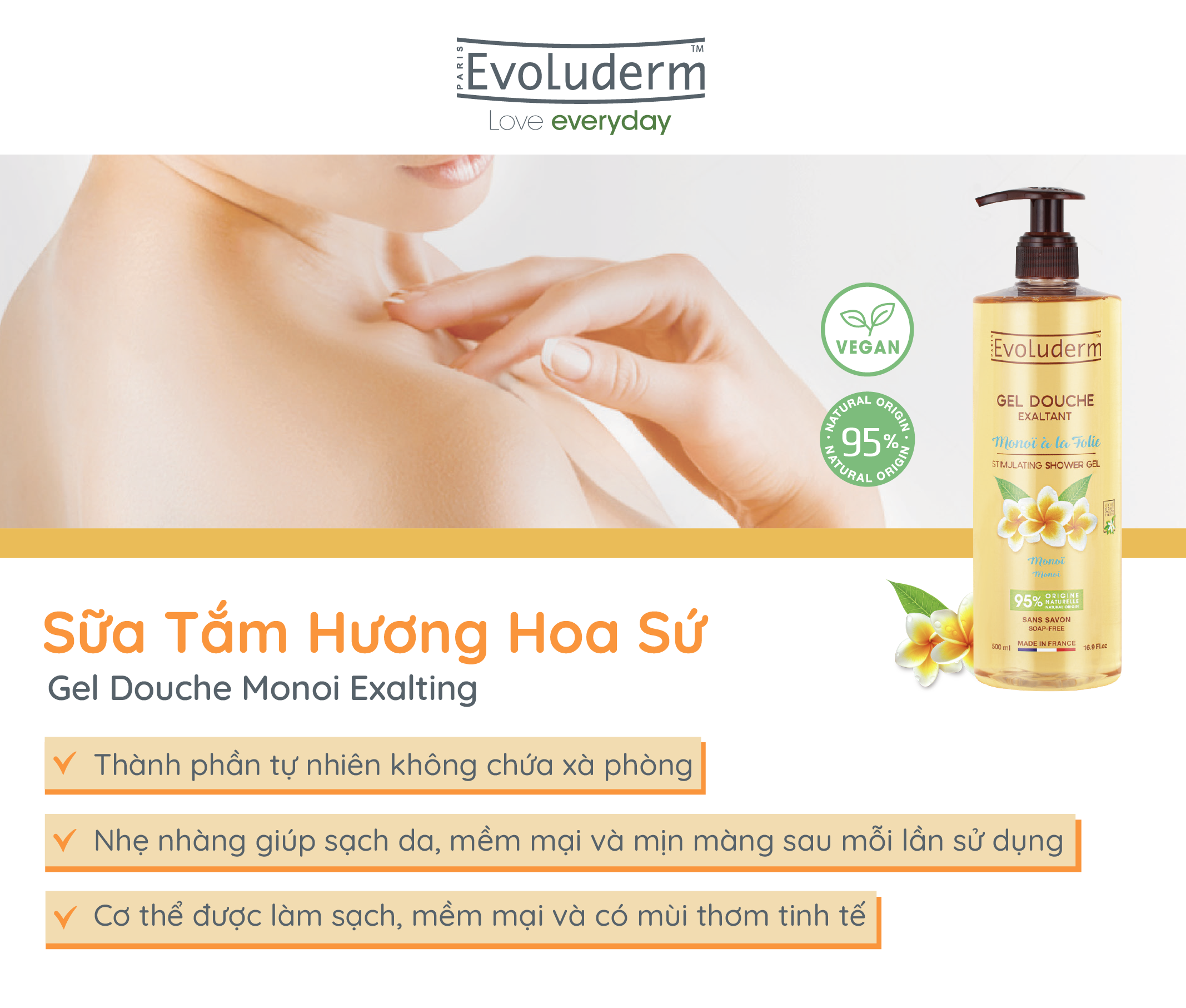Gel tắm thiên nhiên thuần chay Evoluderm tinh chất hoa sứ trắng 500ml