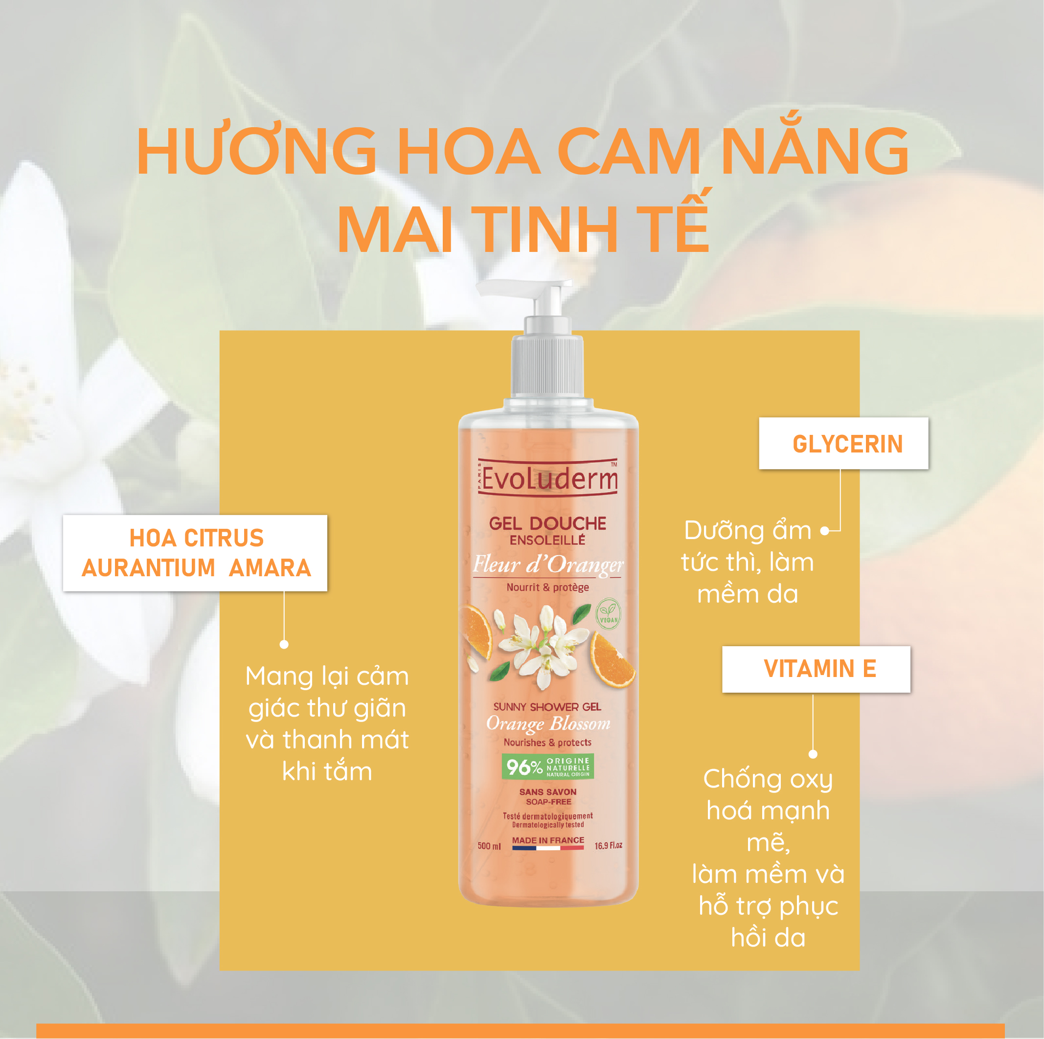 Gel tắm thiên nhiên thuần chay Evoluderm tinh chất Hoa Blossom 500ml