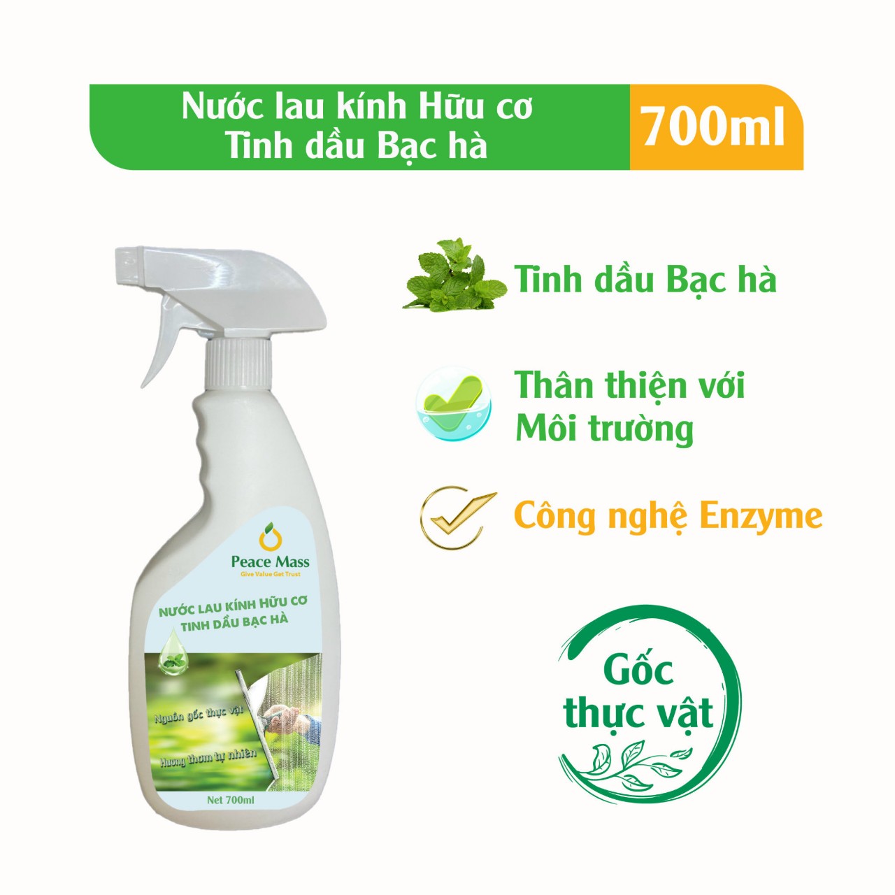 Nước lau kính hữu cơ Peace Mass tinh dầu bạc hà  700ml