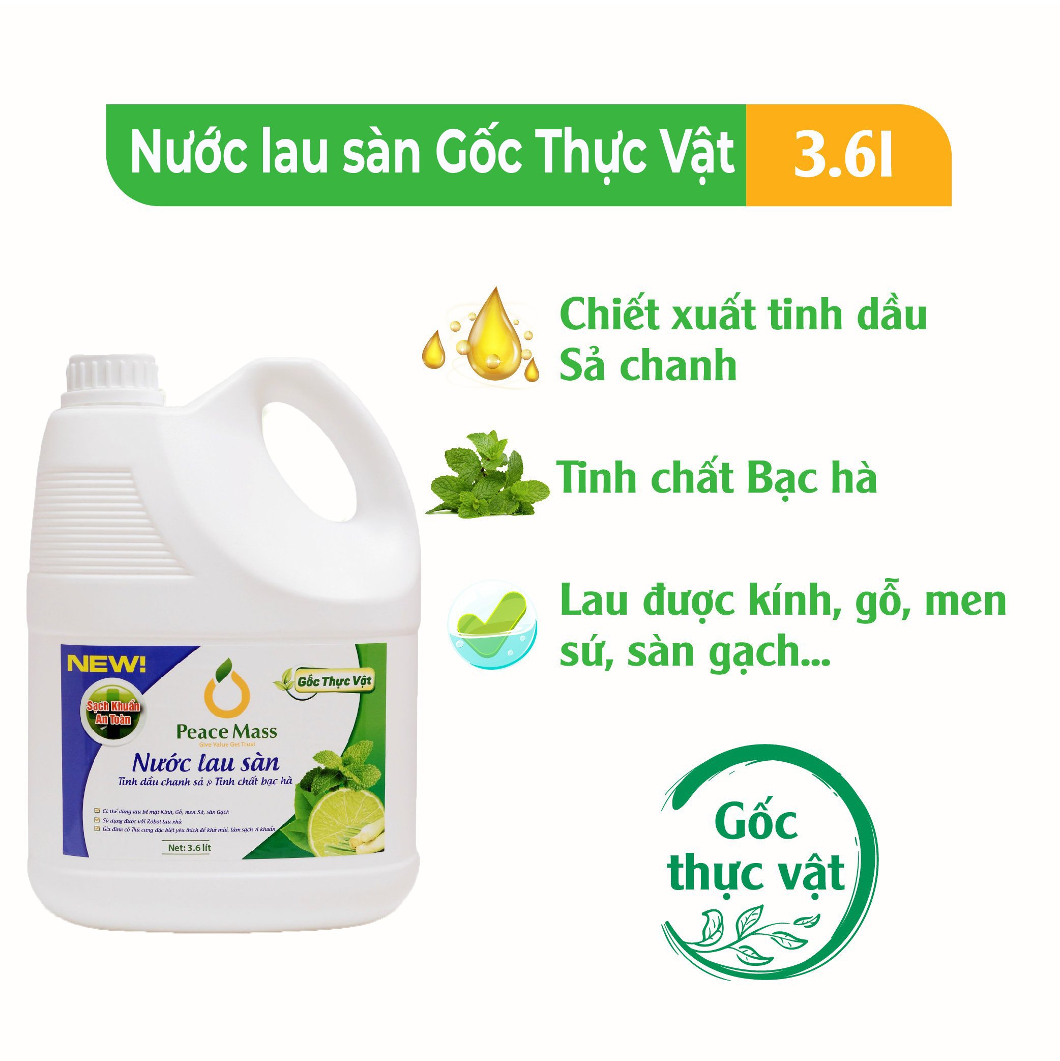 Nước lau sàn hữu cơ tinh dầu Chanh Sả & Bạc Hà Peace Mass 3.6L