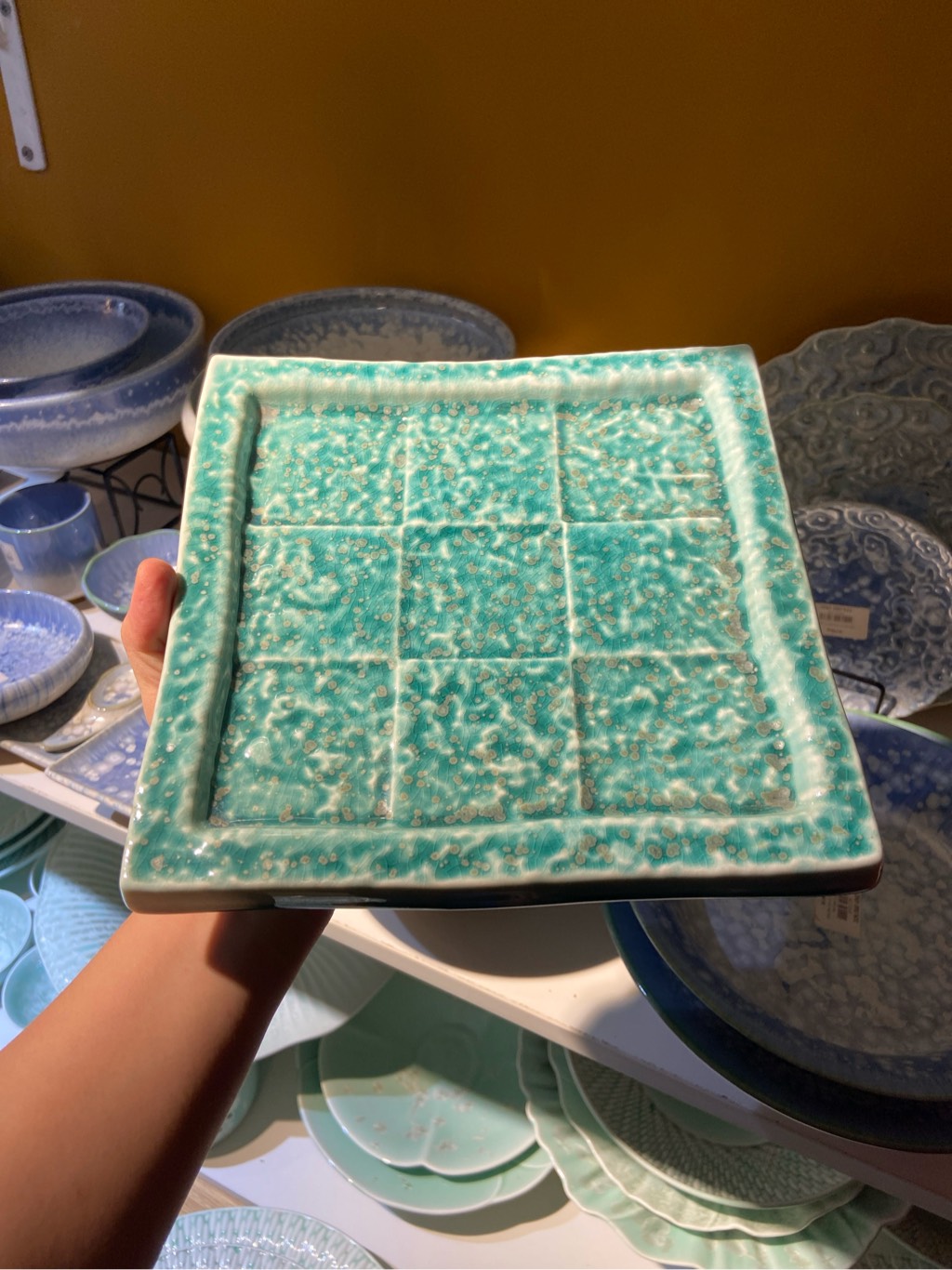 Đĩa vuông 20.5cm kẻ ô xanh ngọc