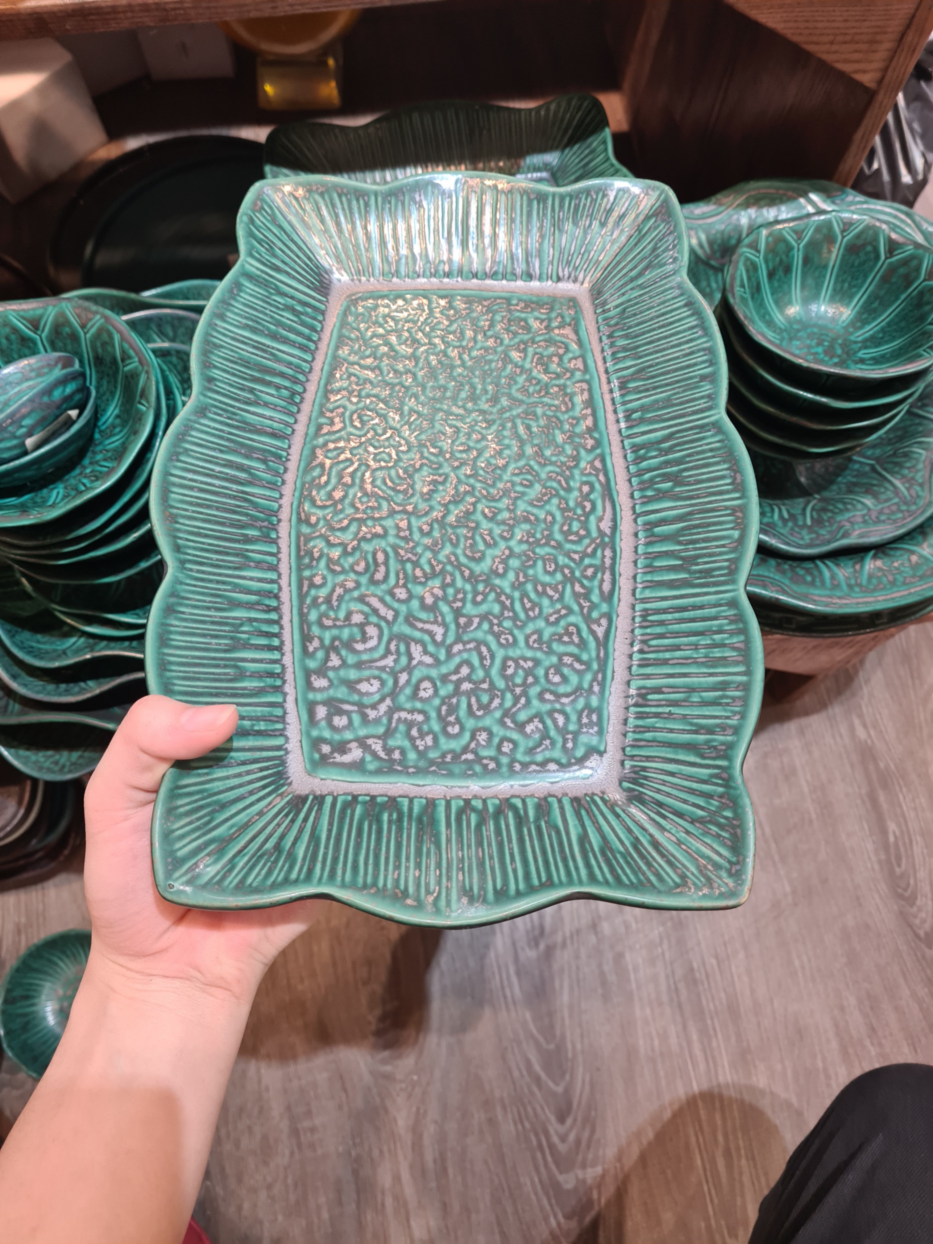 Dĩa chữ nhật sen 32cm xanh Thiên Phúc