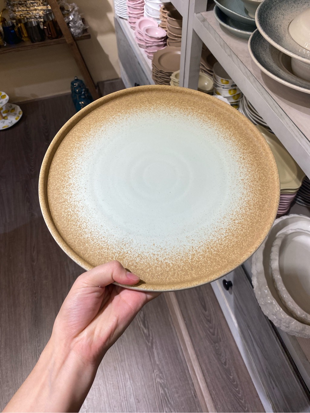 Dĩa tròn vành đứng 30cm Xanh ngọc matte viền nâu (DAS2) (HĐ)